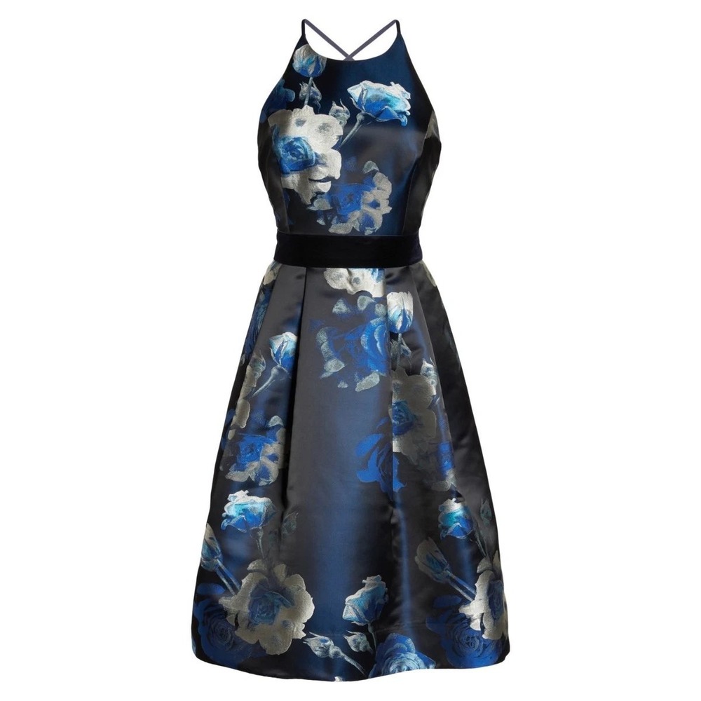Eliza J Navy Blue Floral Metallic Satin Jacquard Halter Dress Pockets Size 12